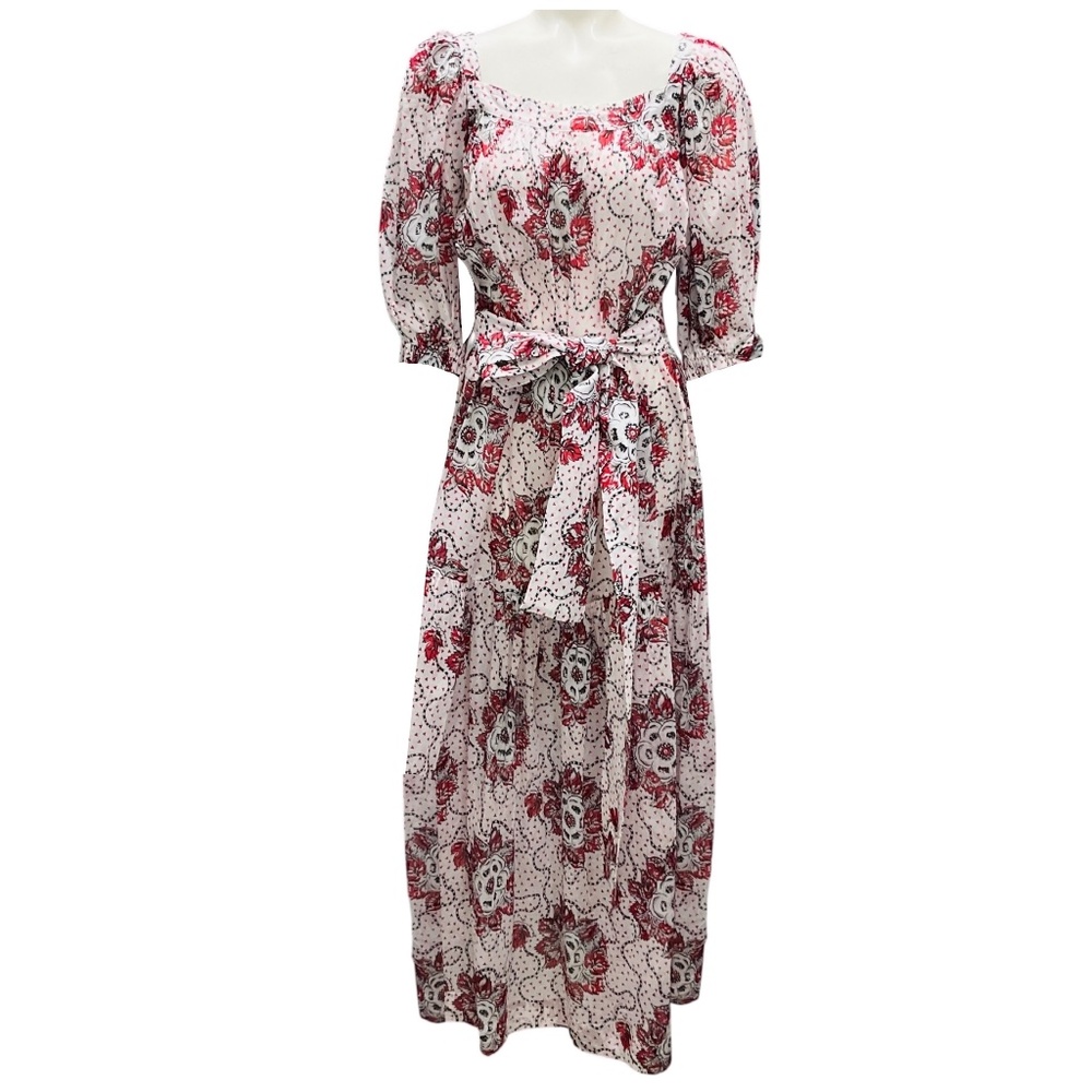 THE VAMPIRE'S WIFE WHITE / RED / BLACK MULTI FLORAL PRINTED COTTON MAXI DRESS WI